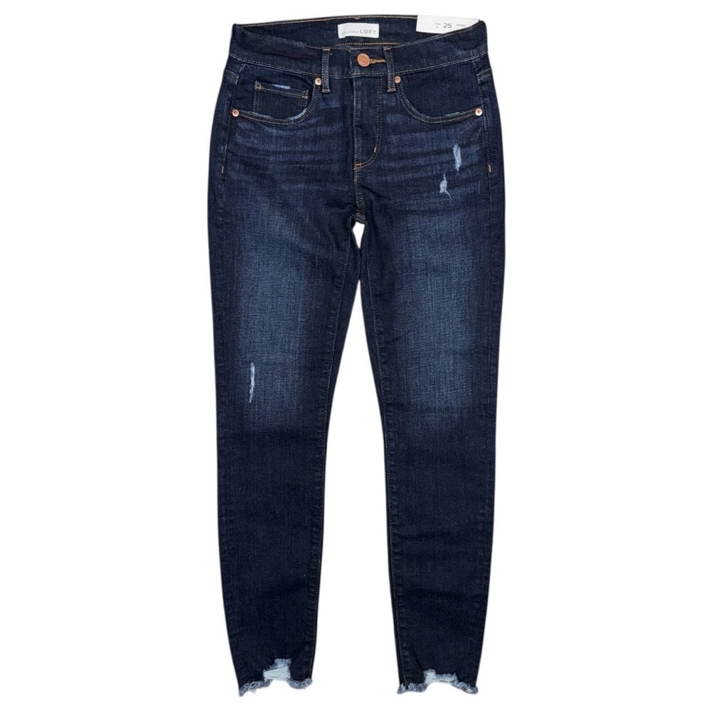 NWT Loft Destructed Skinny Jeans Women’s 25 Dark Indigo Chewed Hem Slim Pockets